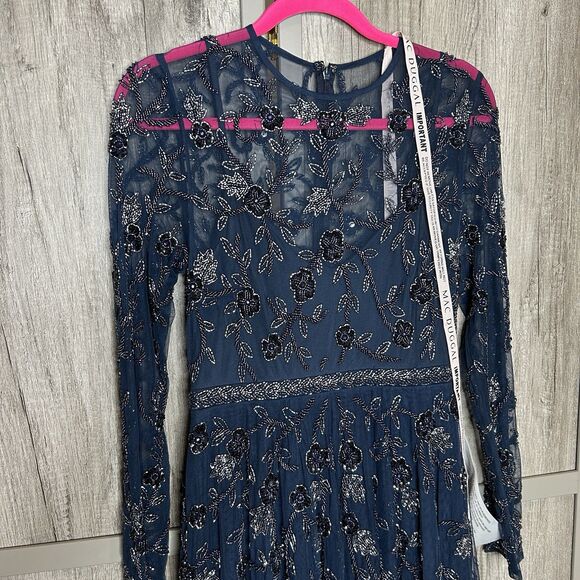 Mac Duggal Dress Size 4 Midi Beaded Style 10799 Illusion A Line Navy NWT - Picture 4 of 14